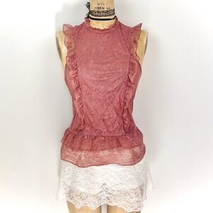 Vintage Express Womens S Lace Ruffle Layered Mock Neck Top Coquette Romantic